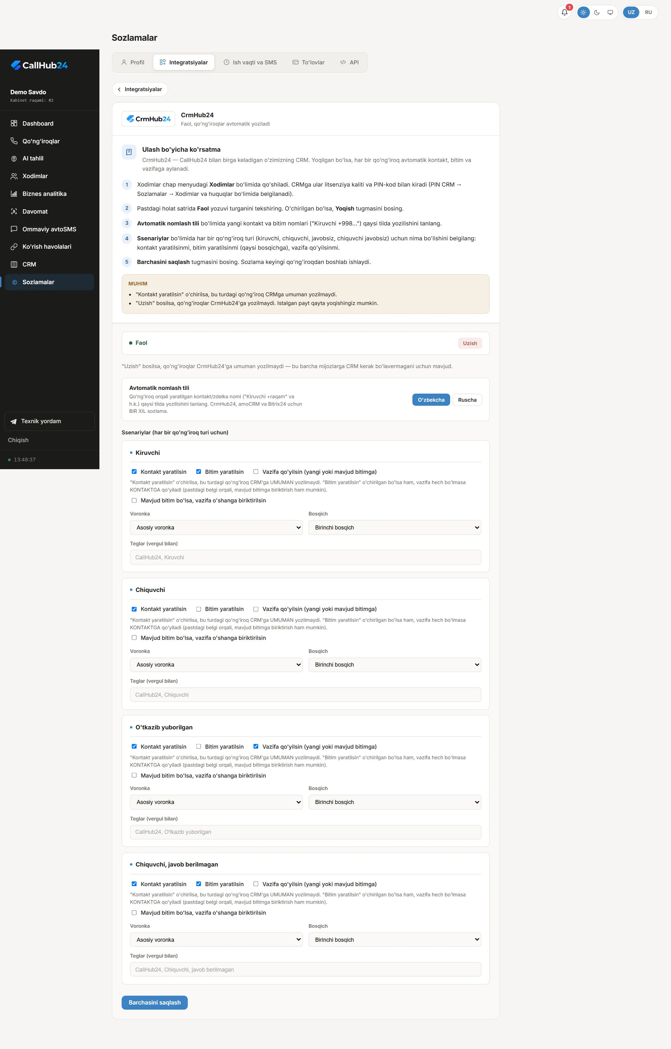 CrmHub24 integratsiyasi