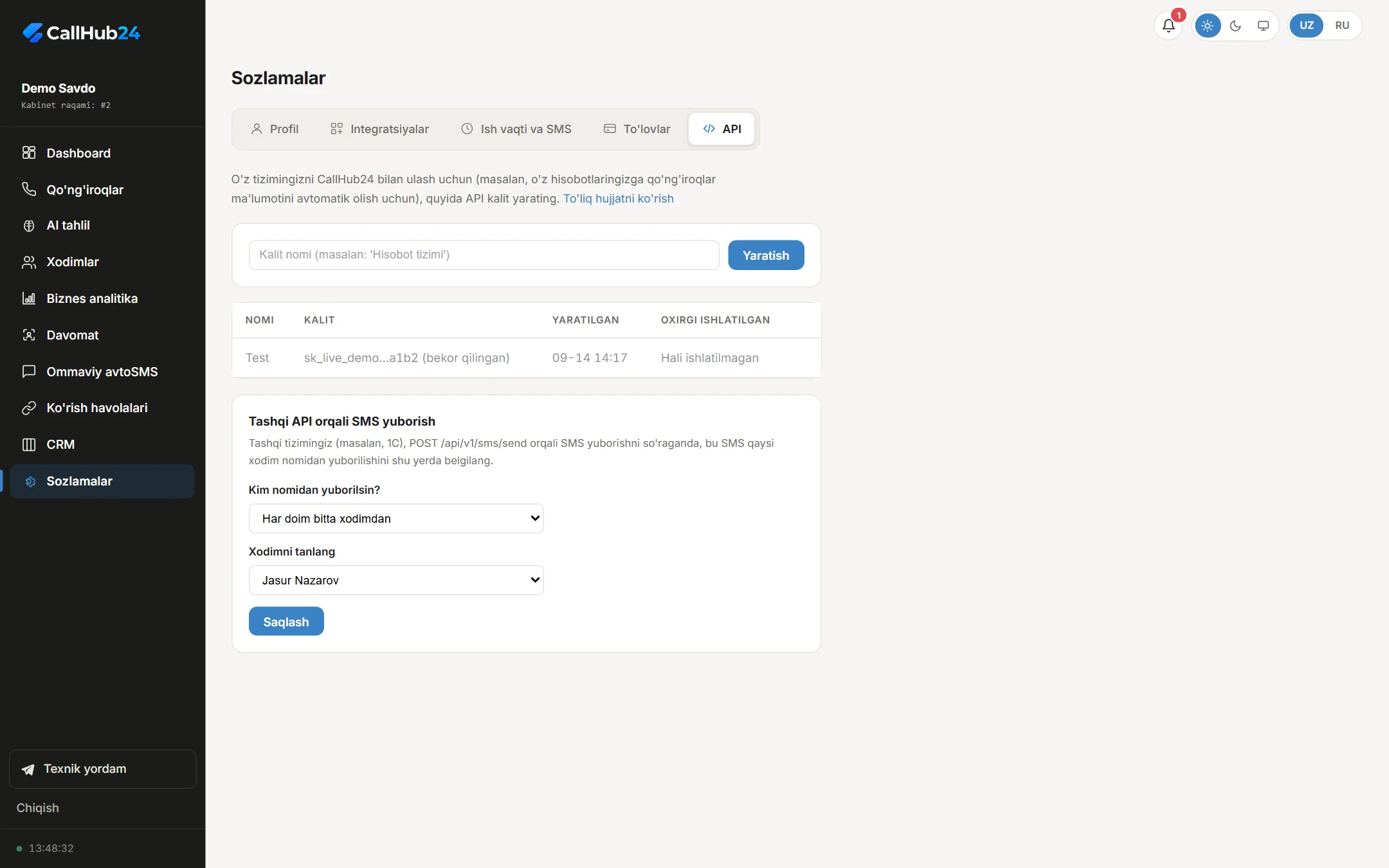 Sozlamalar: API